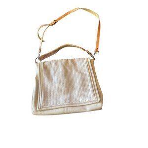 Free People Tan Leather & Woven Shoulder Bag  Adjustable Strap Boho Crossbody